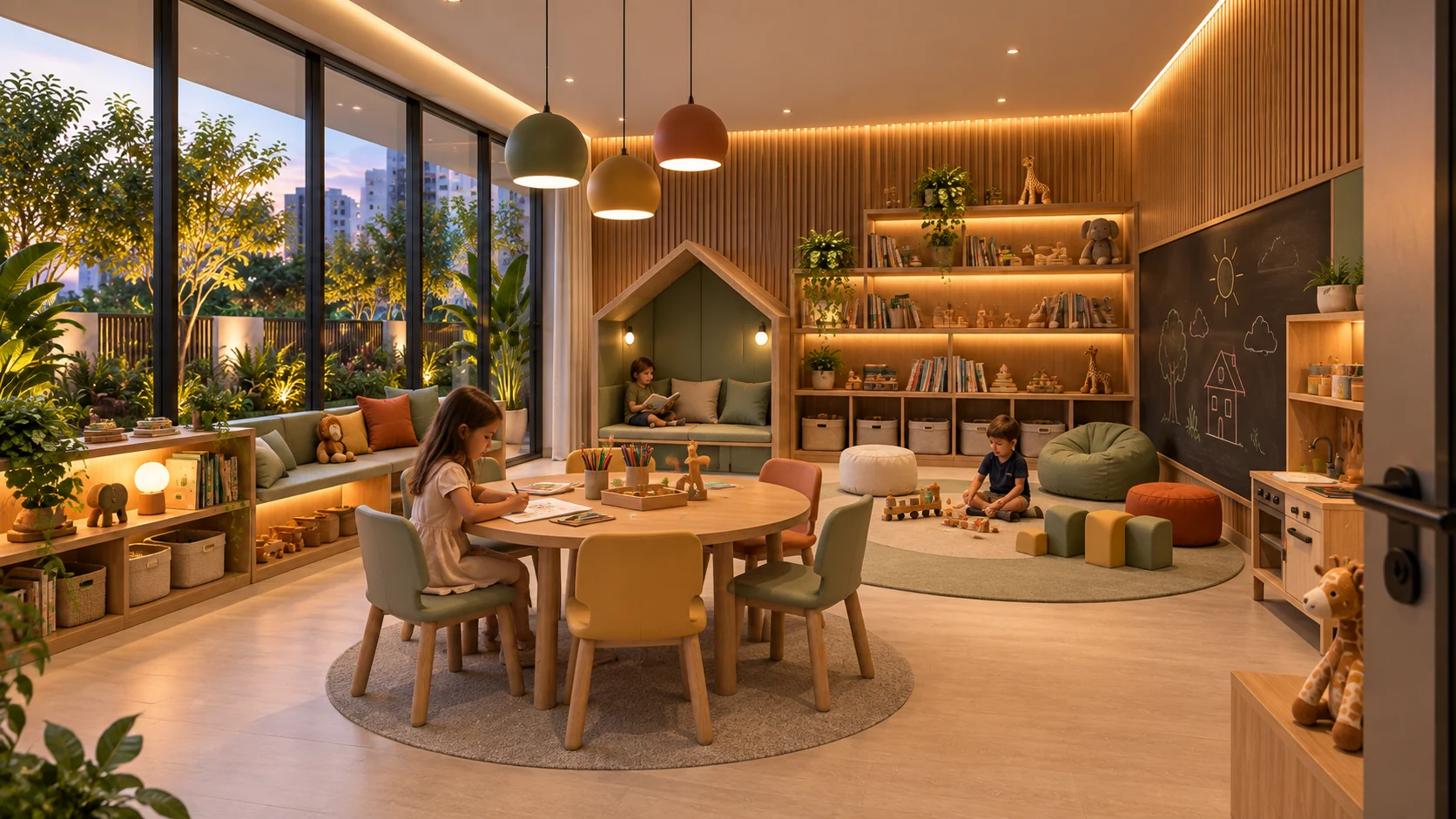 Brinquedoteca com mobiliário infantil, nicho de leitura e espaços de brincar