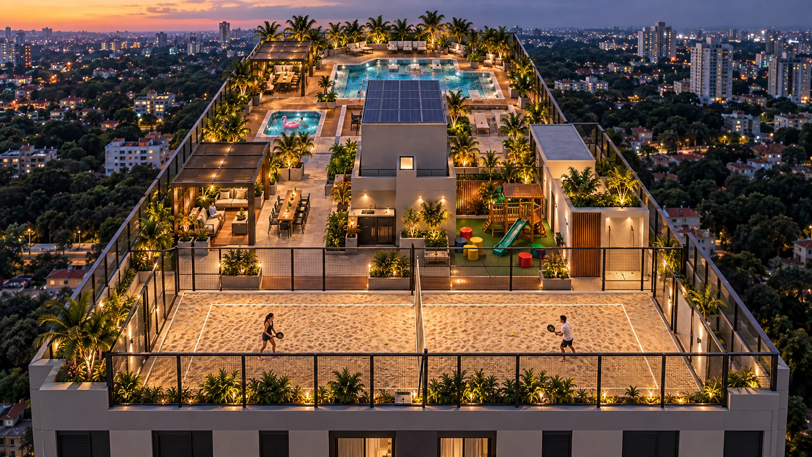 Cobertura ilustrativa com quadra de beach tennis, playground, pergolados, lounges e piscinas