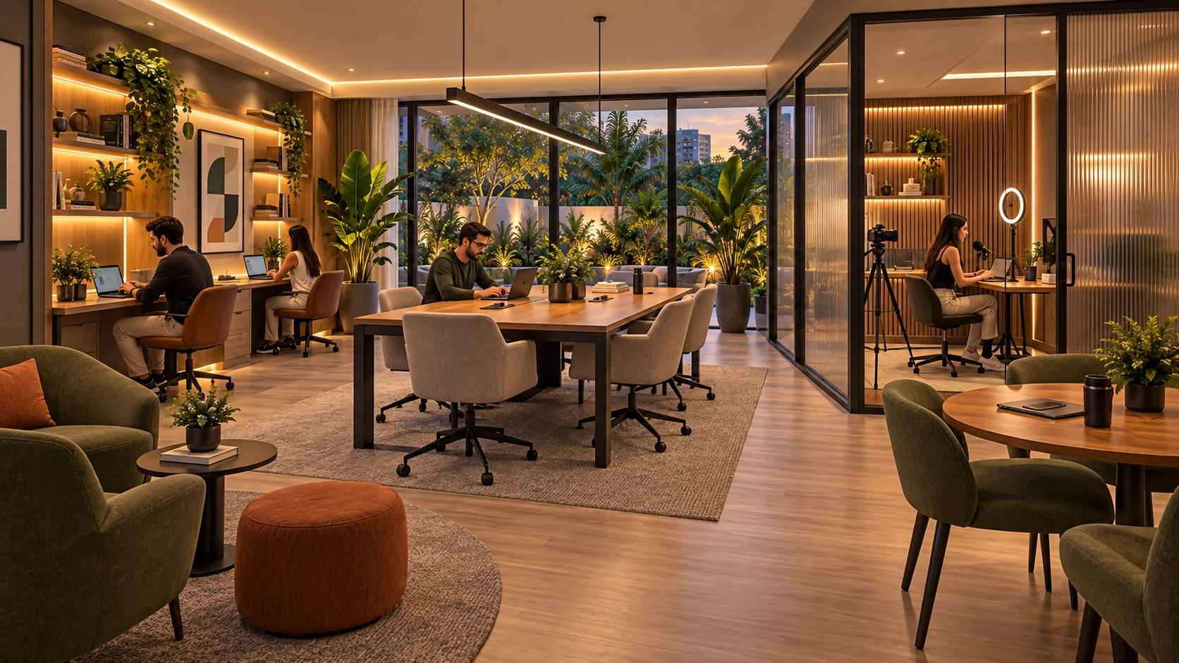 Coworking com postos individuais, mesa compartilhada e espaço de gravação envidraçado