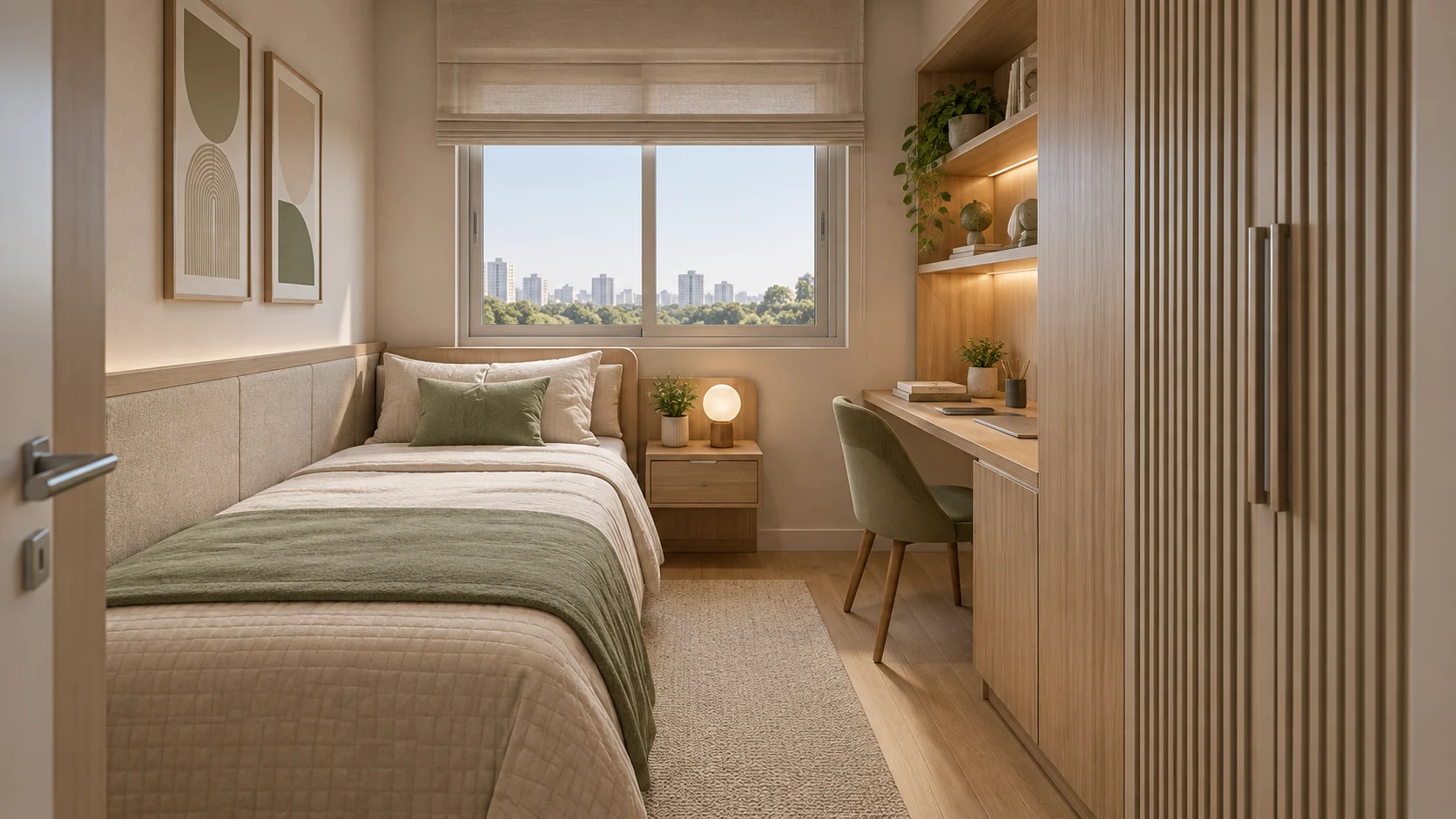 Dormitório secundário ilustrativo com cama, bancada de estudo e marcenaria
