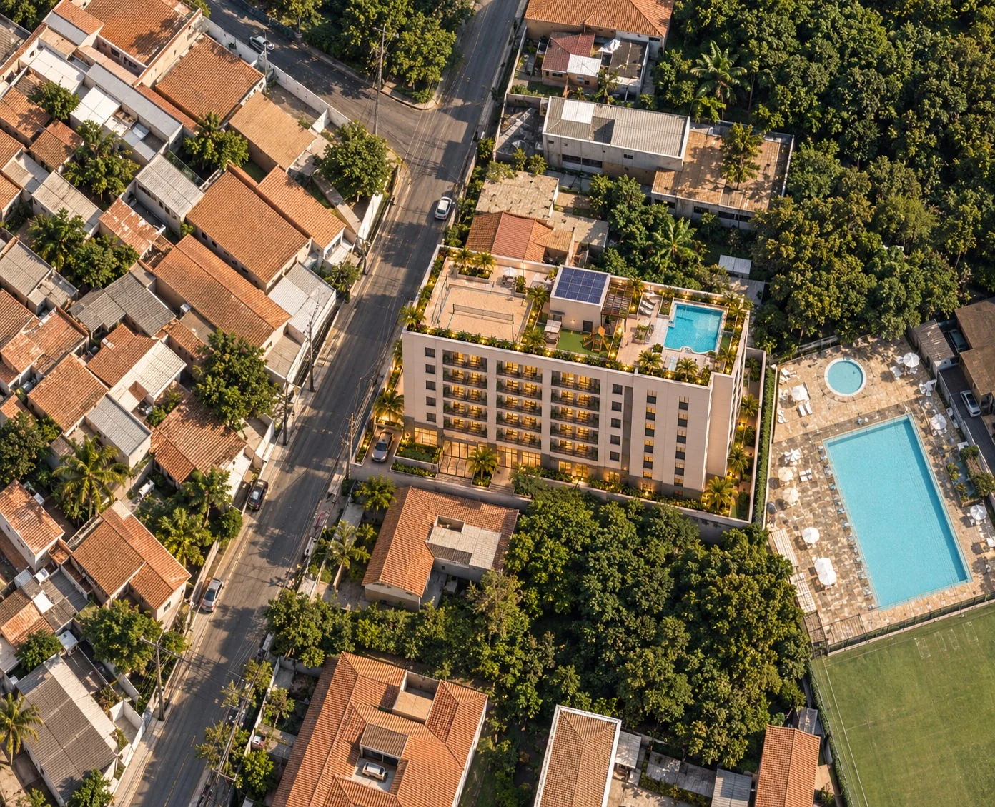 Visualização aérea ilustrativa do Reserva Marieta e sua relação com o entorno urbano
