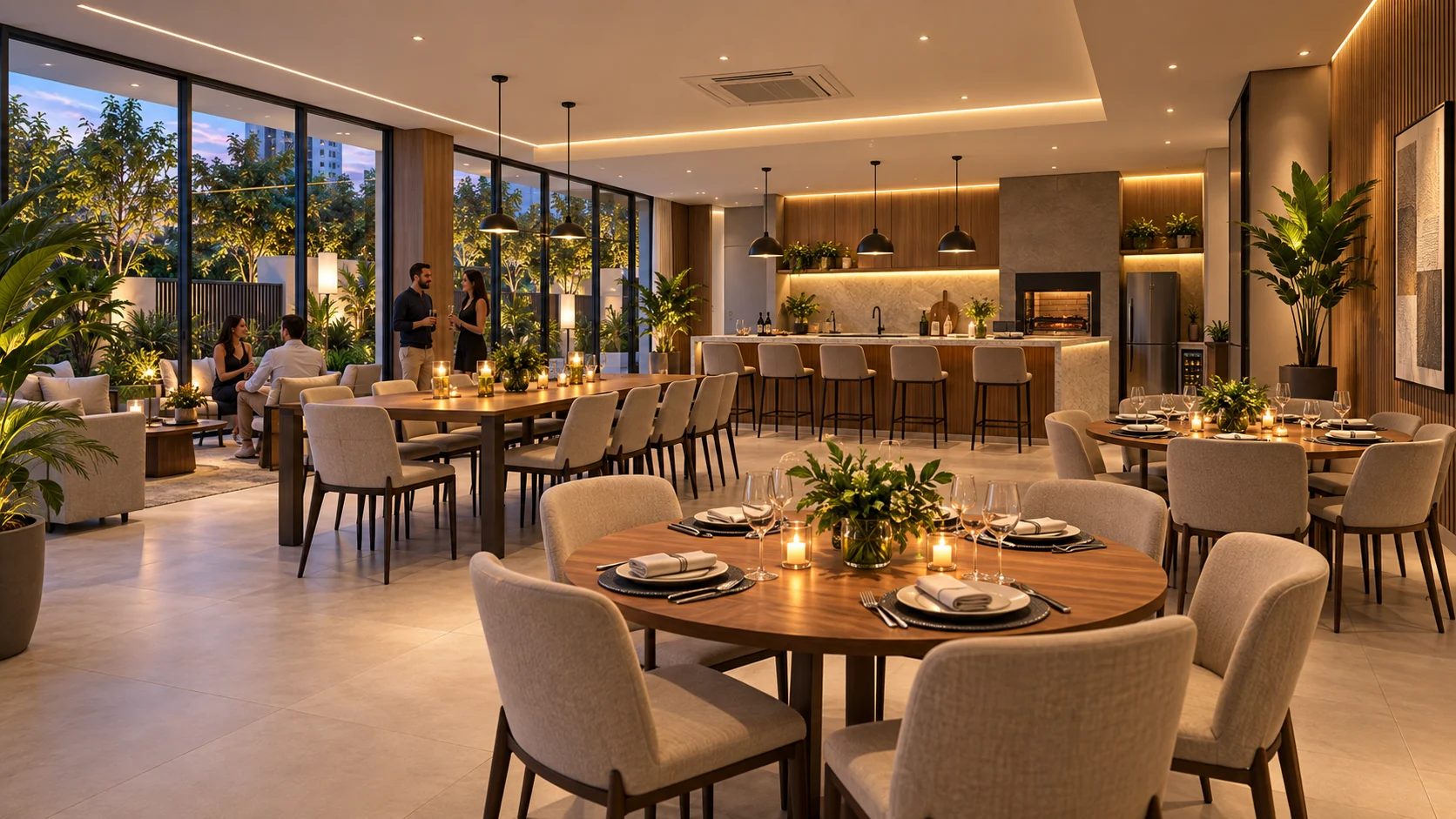 Salão de festas com mesas de jantar, área de estar e bancada gourmet com churrasqueira