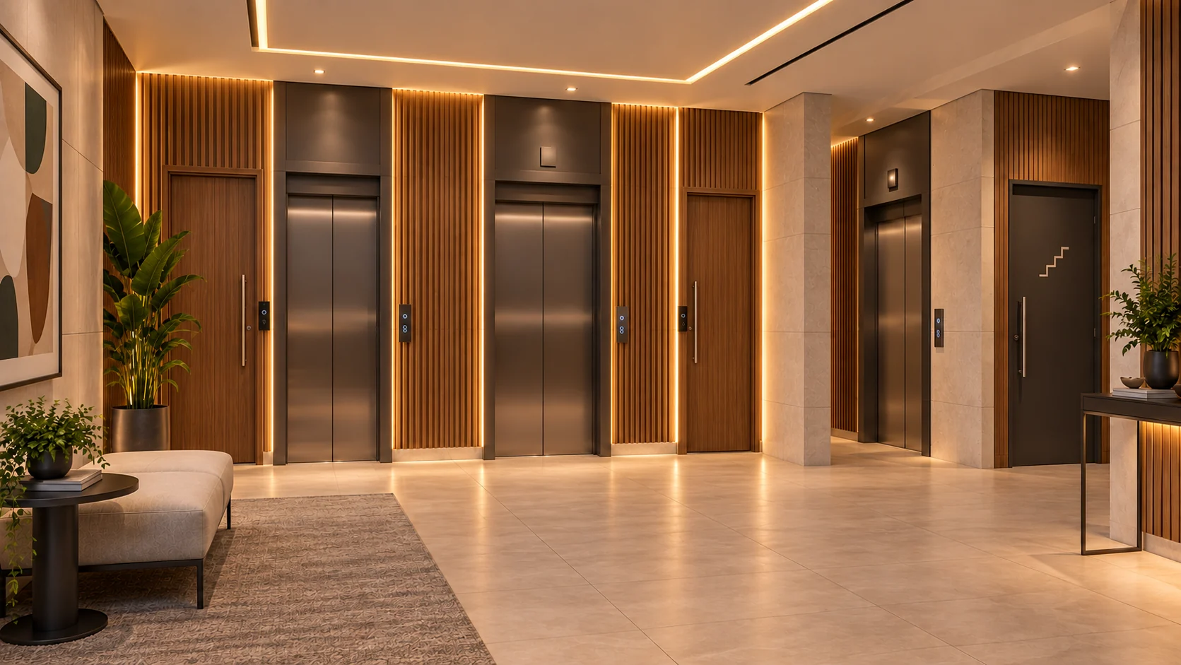 Hall dos elevadores com painéis ripados de madeira e iluminação indireta