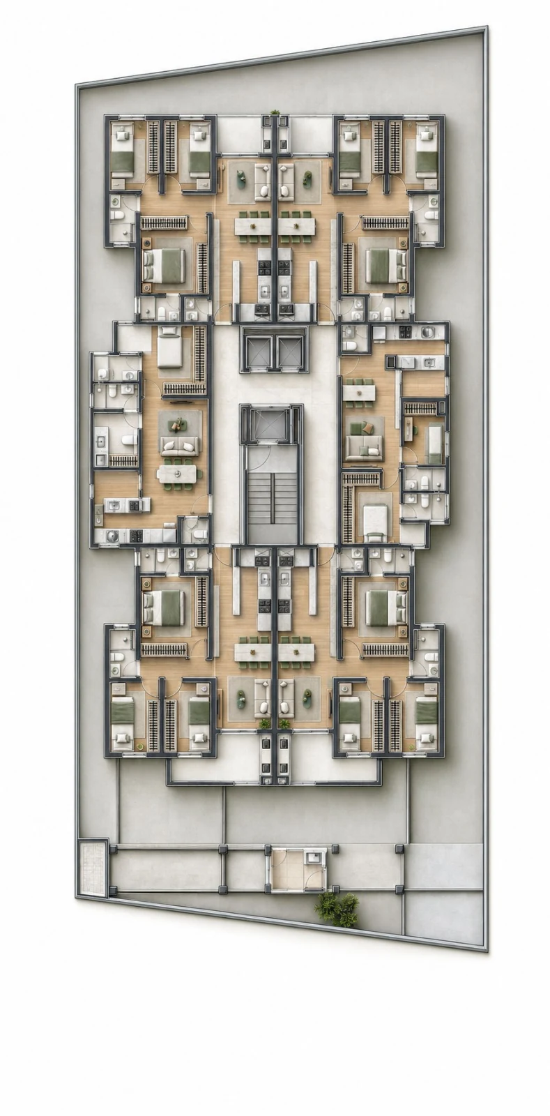 Planta humanizada do pavimento-tipo com seis apartamentos em torno do núcleo de elevadores e escada
