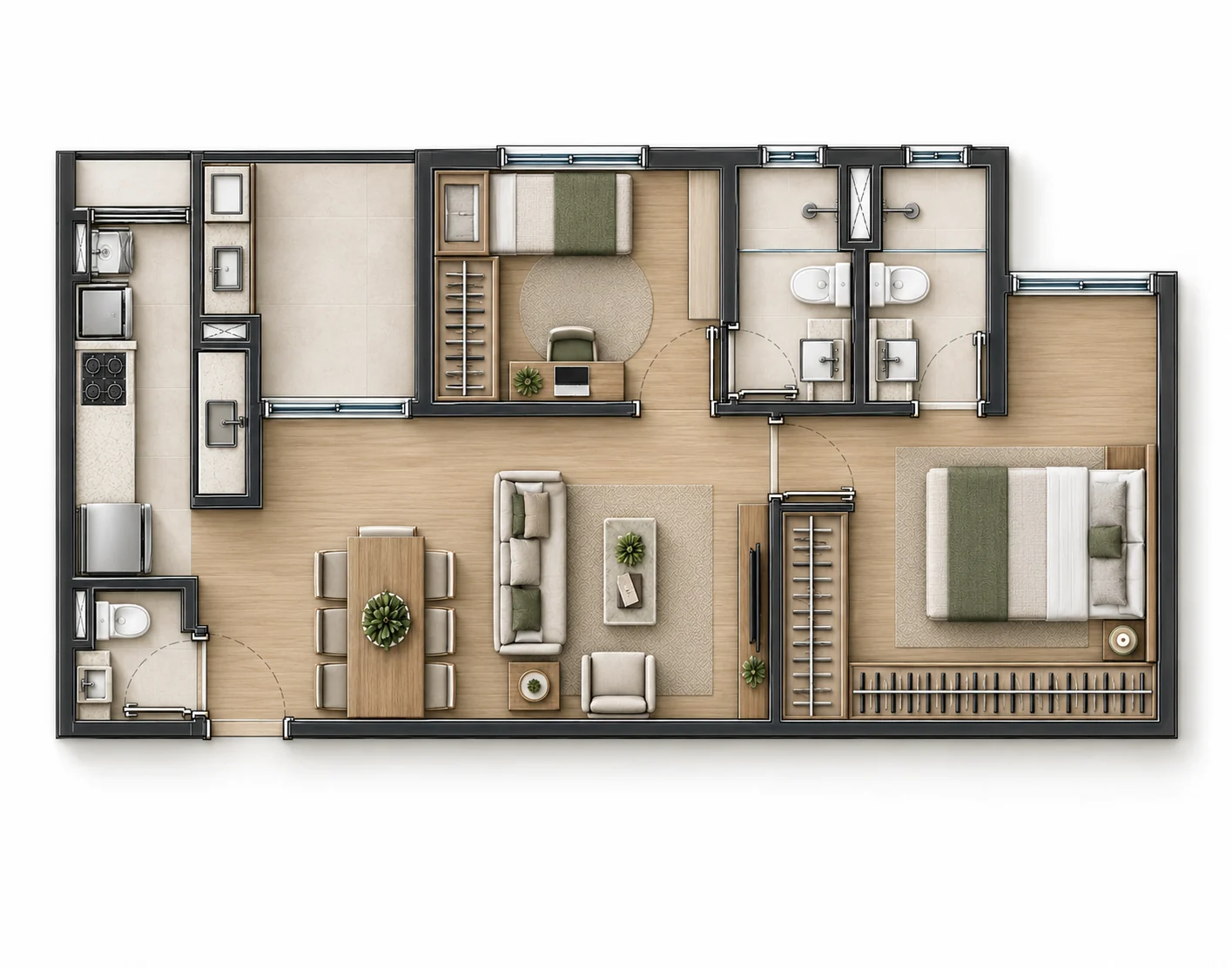 Planta humanizada do apartamento de dois dormitórios com living e jantar integrados