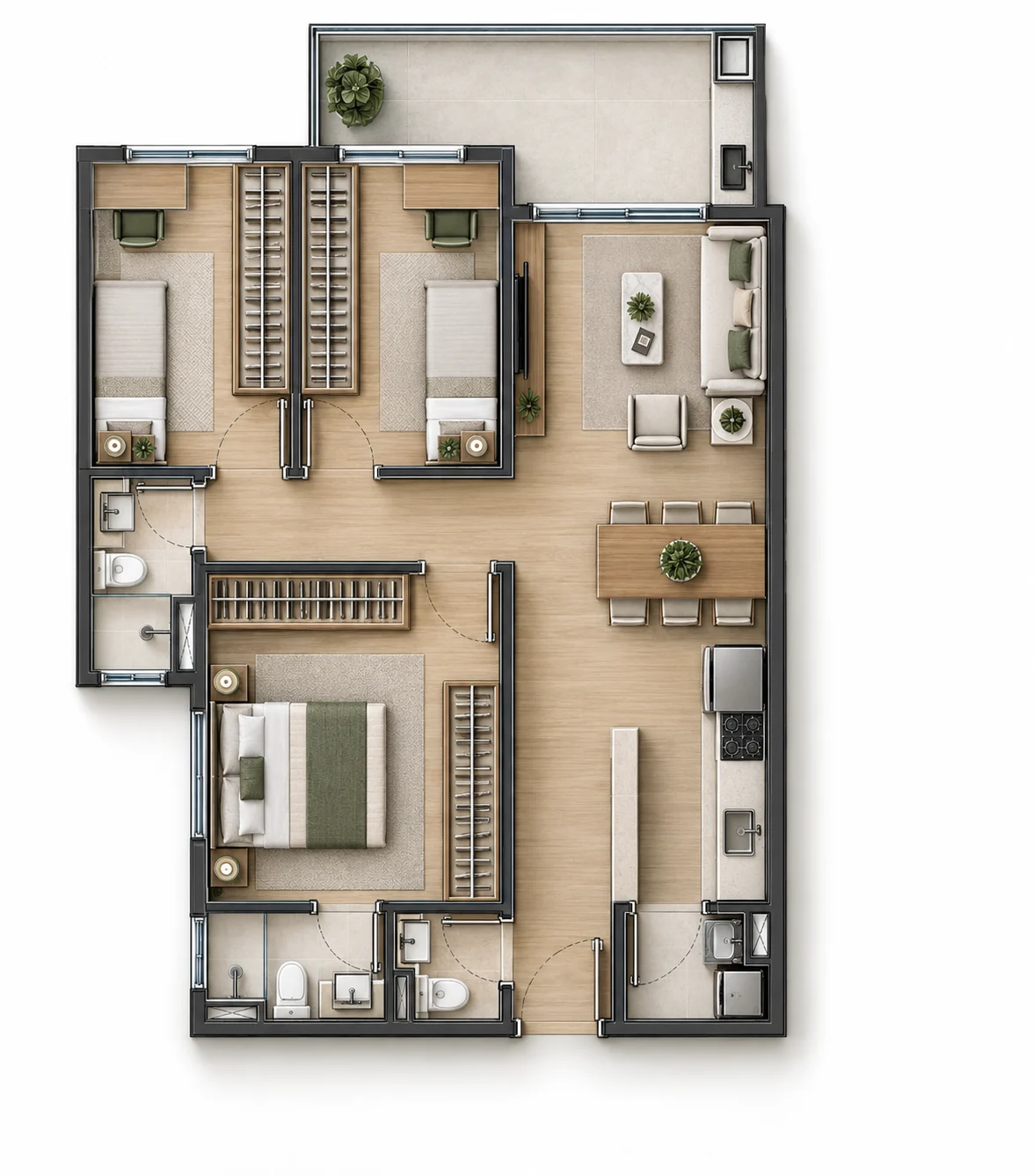 Planta humanizada de três dormitórios com varanda, cozinha e área social integrada