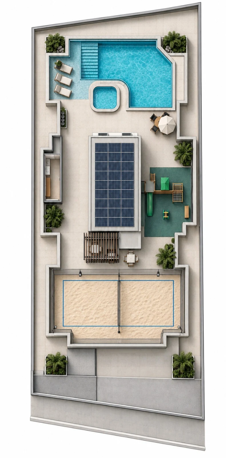 Planta humanizada da cobertura com quadra frontal, núcleo central, playground e piscinas nos fundos