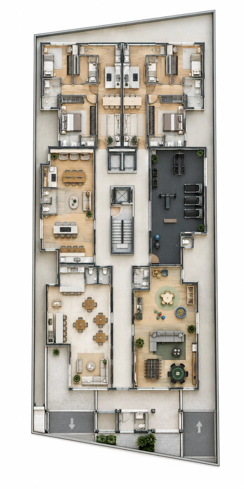 Planta humanizada do térreo com áreas comuns, academia, ambientes de convivência, duas unidades residenciais e núcleo central